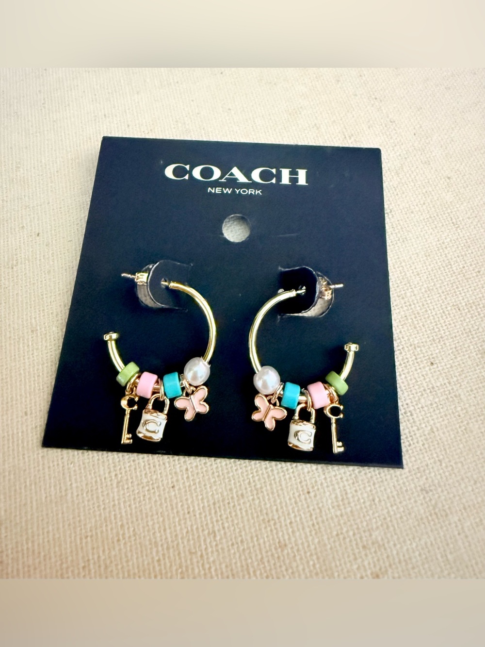 Coach Gold Hoop Earrings with Pink, Blue, Green Beads and Pearl Charm NEW!! - Picture 5 of 6